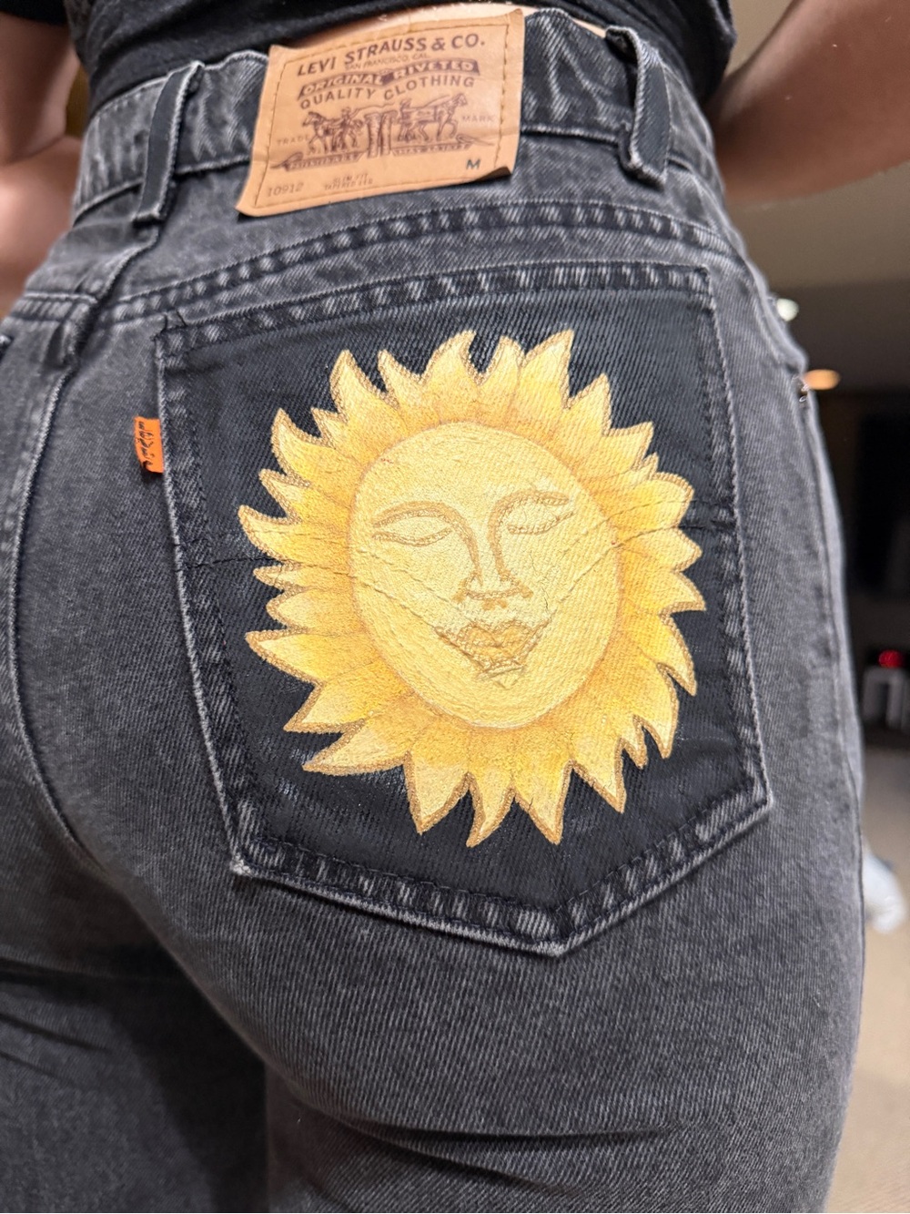Hand-Painted Levi's High-Rise Black Jeans with Sun & Moon Pockets